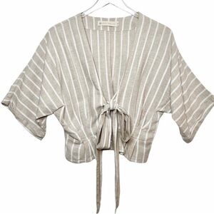 Happy x Nature Beige Tan Striped Linen Blouse Women’s Top Size Small